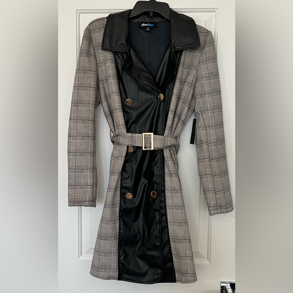 Prince of Wales Plaid Faux Leather Mixed Media Trench Overcoat